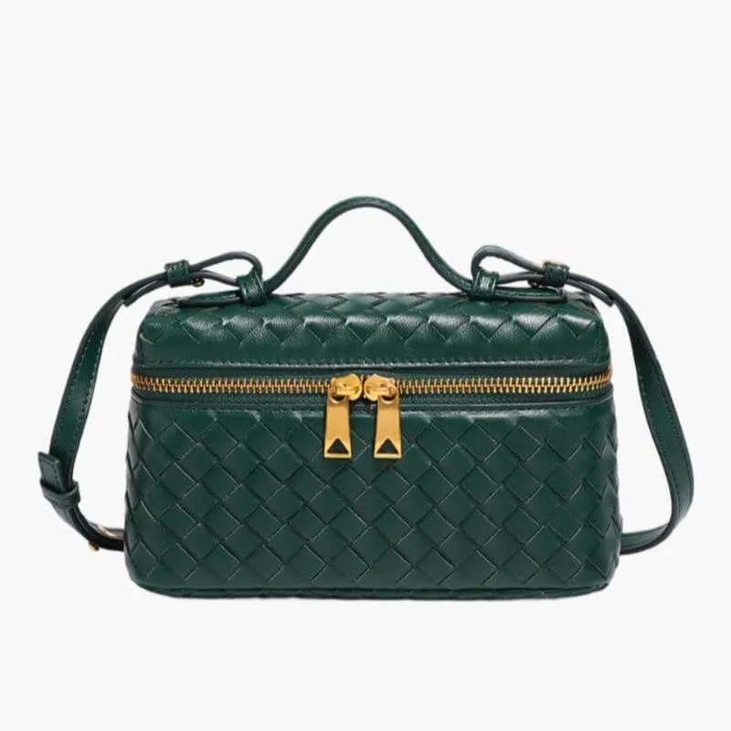 Chic Woven Vegan Leather Handbag with Gold Accents and Organized Interior