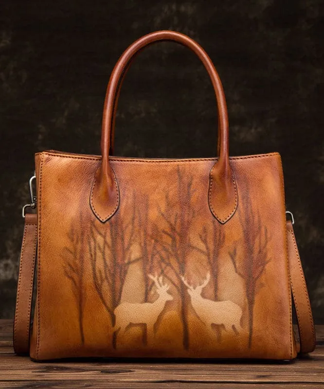 Classy Brown Yellow Print Paitings Leather Tote Handbag