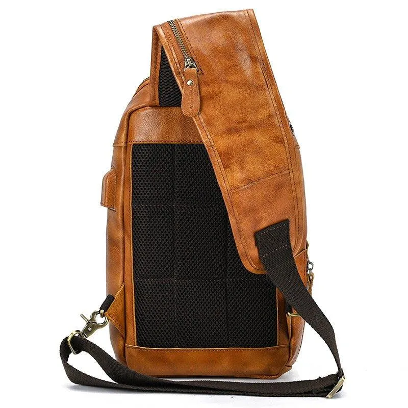 Cowhide Leather Cross Body Sling Bag with USB Port