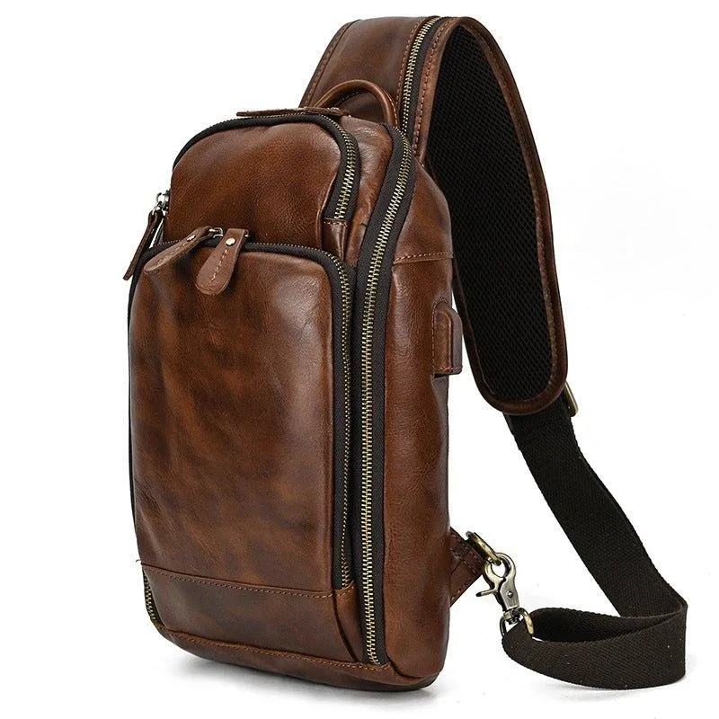 Cowhide Leather Cross Body Sling Bag with USB Port