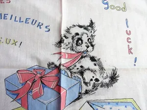 CUTE Mid Century Dog Good Luck Hankie, Vintage Handkerchief Hanky, Terrier Dogs Hankie, Vintage Dog Lover Hankies,Collectible Animal Hankies