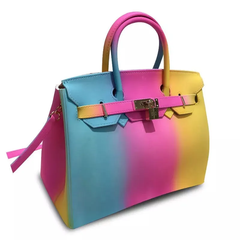 Deluxe luxury Jelly rainbow padlock New York tote handbag