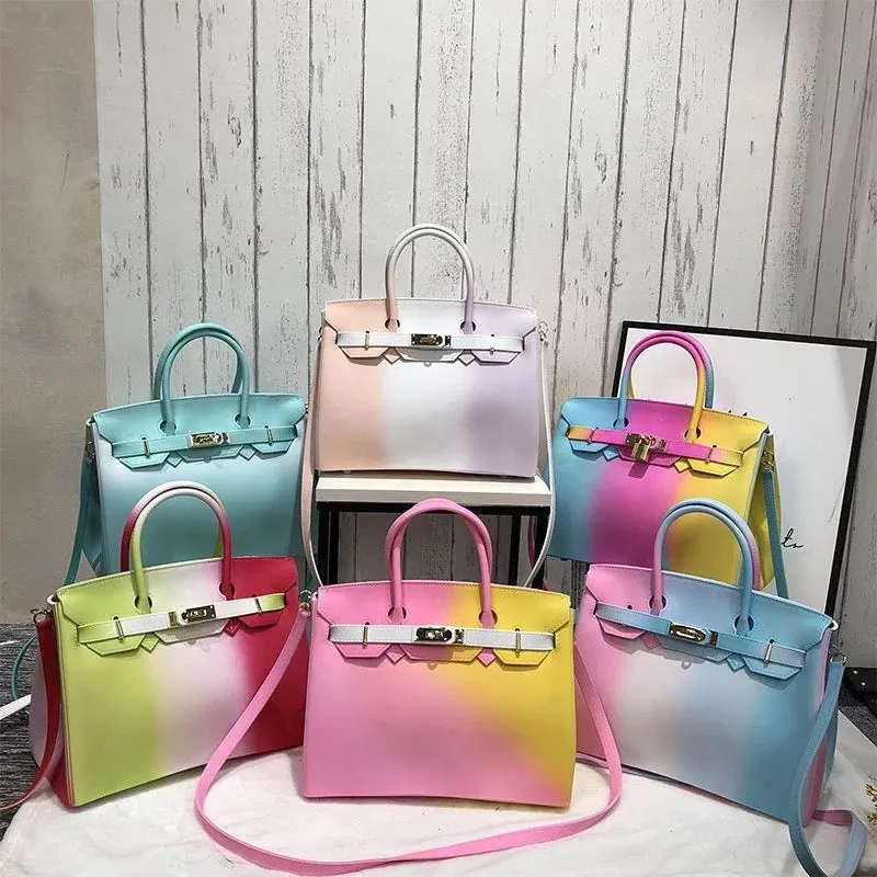 Deluxe luxury Jelly rainbow padlock New York tote handbag