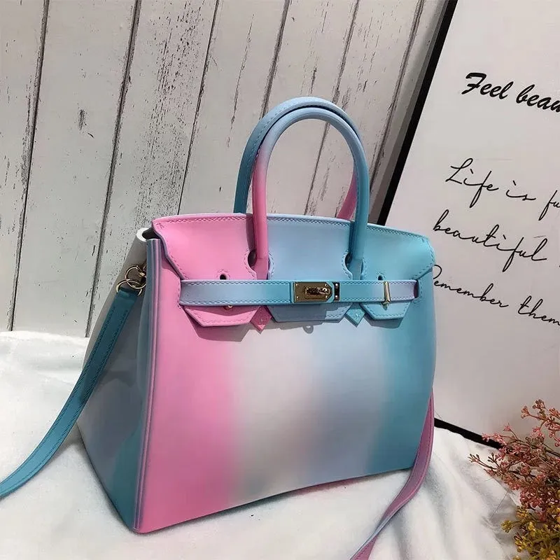 Deluxe luxury Jelly rainbow padlock New York tote handbag