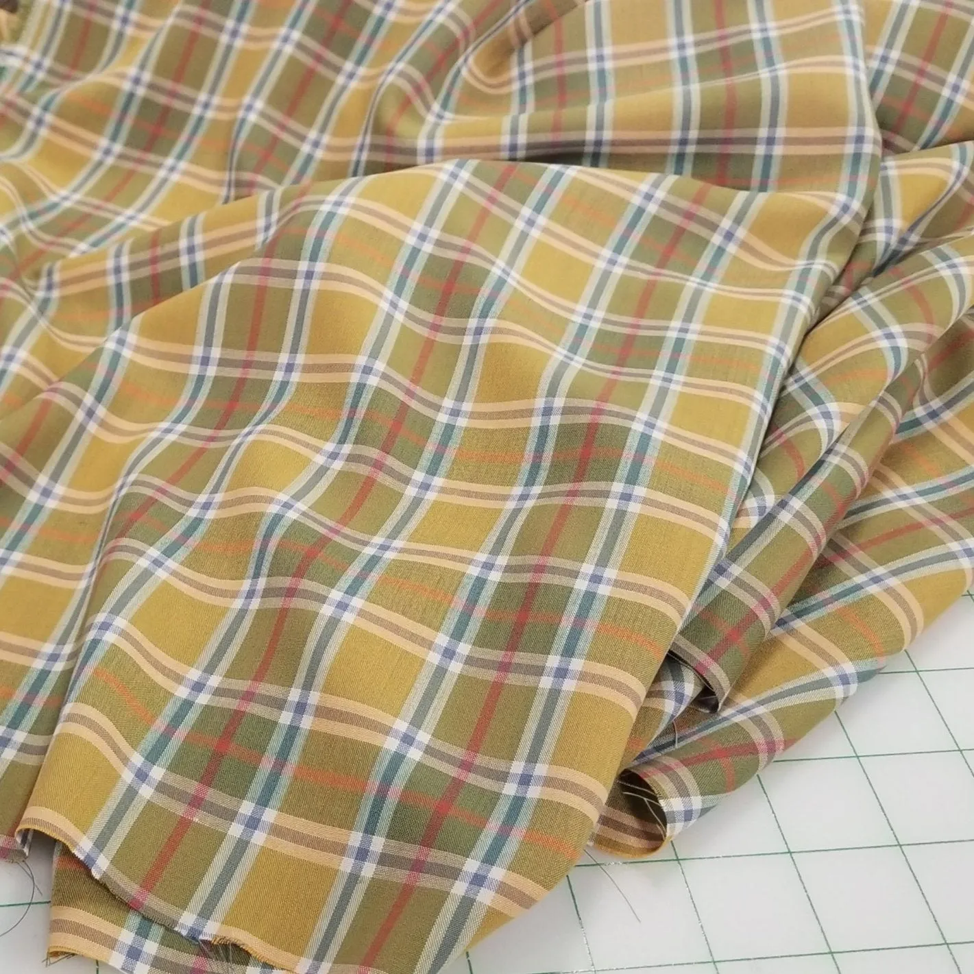 Designer Deadstock European Soft Apparel Yarn Dyed Plaid Muted Orange Yellow and Blue Shirting Woven- by the yard