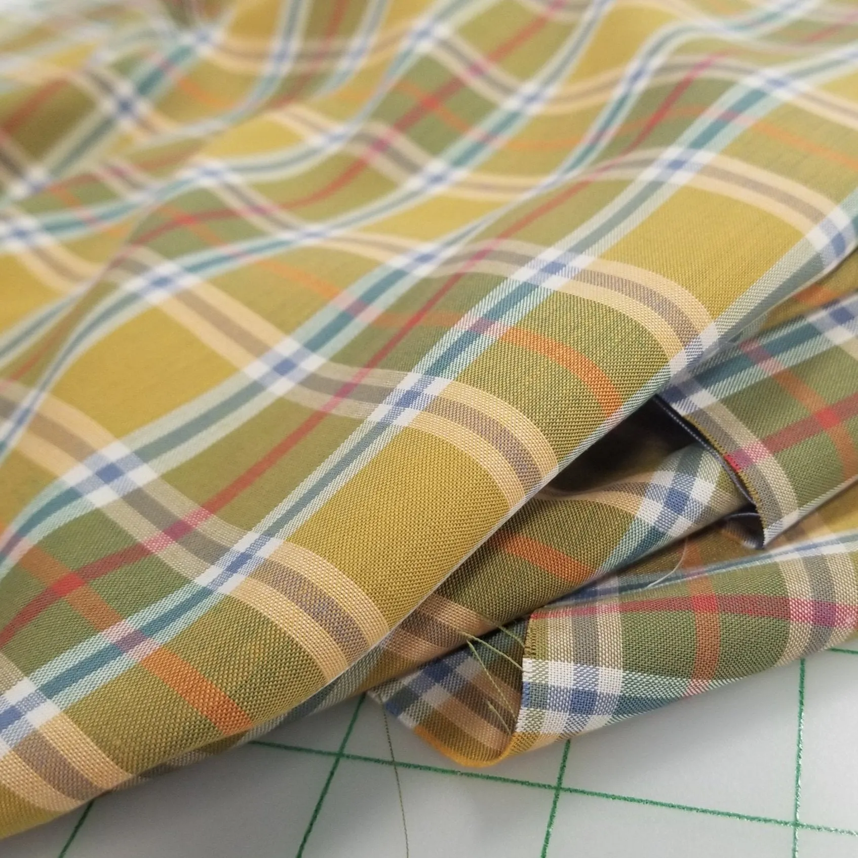 Designer Deadstock European Soft Apparel Yarn Dyed Plaid Muted Orange Yellow and Blue Shirting Woven- by the yard