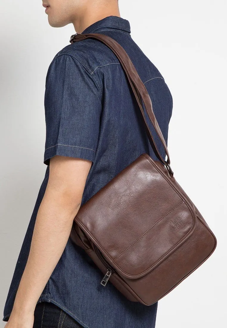 Distressed Leather Courier Crossbody Bag - Dark Brown