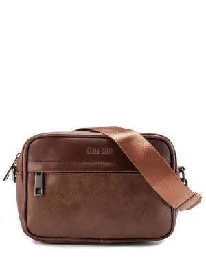 Distressed Leather Zipper Crossbody Bag - Camel