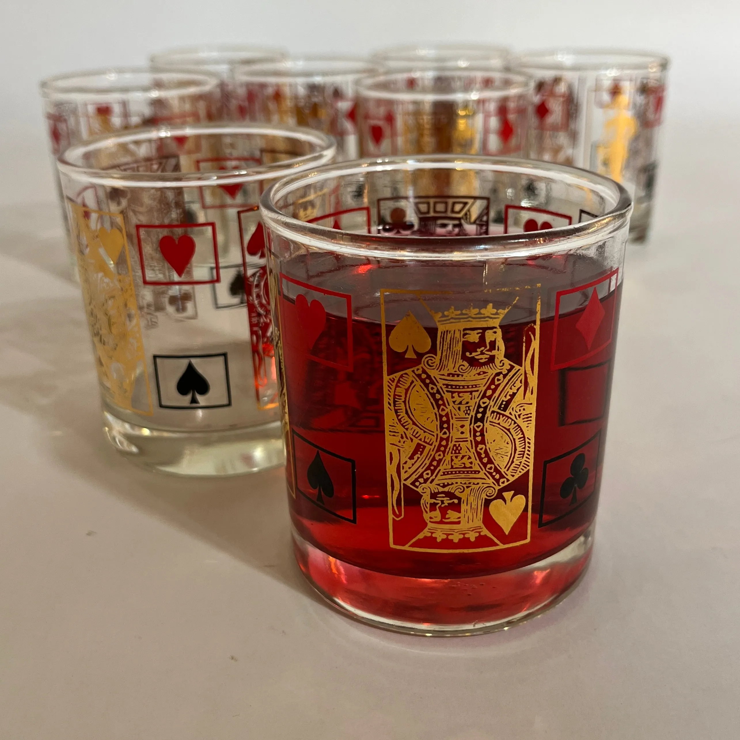 Double Old Fashion Card-Themed Vintage Drinks Glasses with Shaker, Set of 9