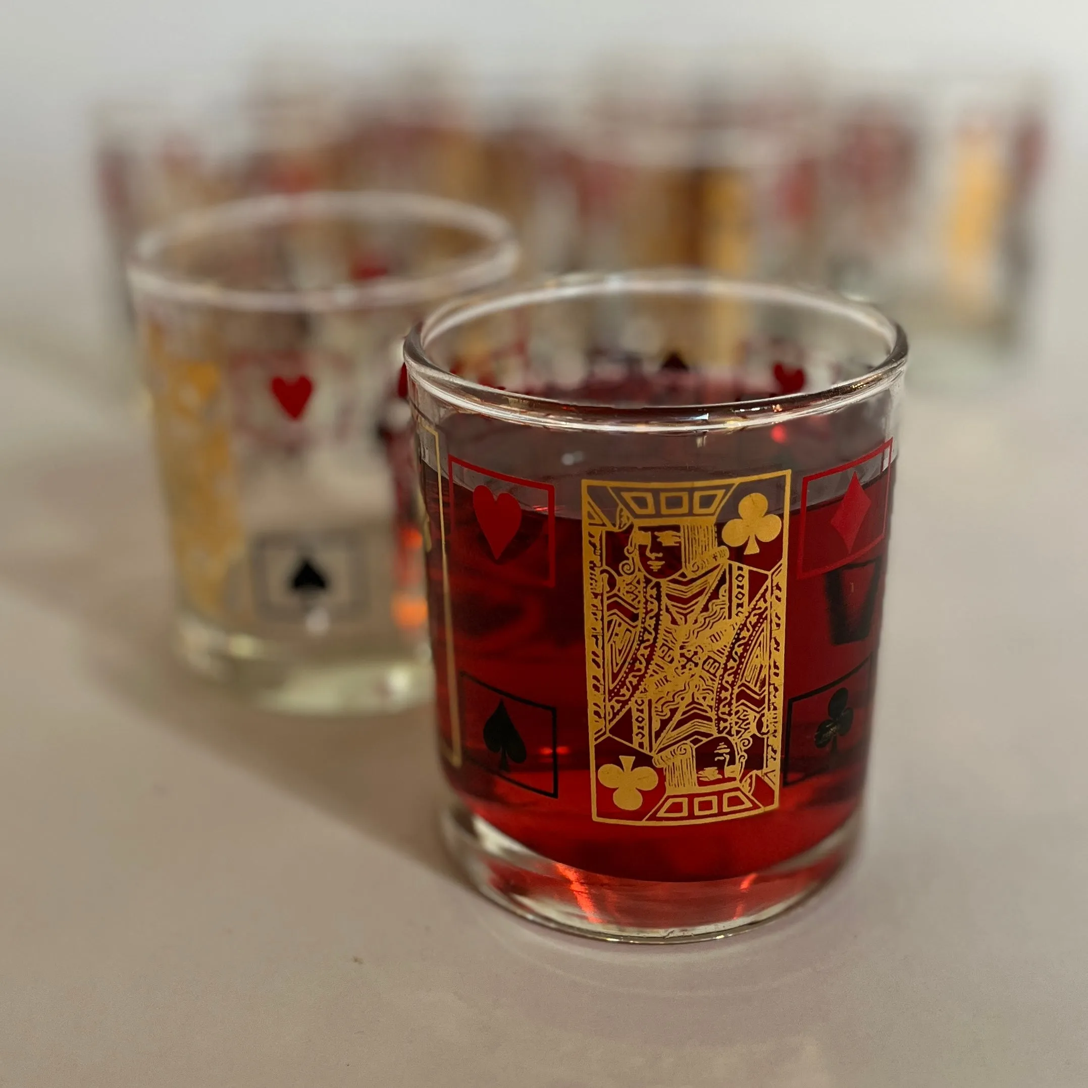 Double Old Fashion Card-Themed Vintage Drinks Glasses with Shaker, Set of 9