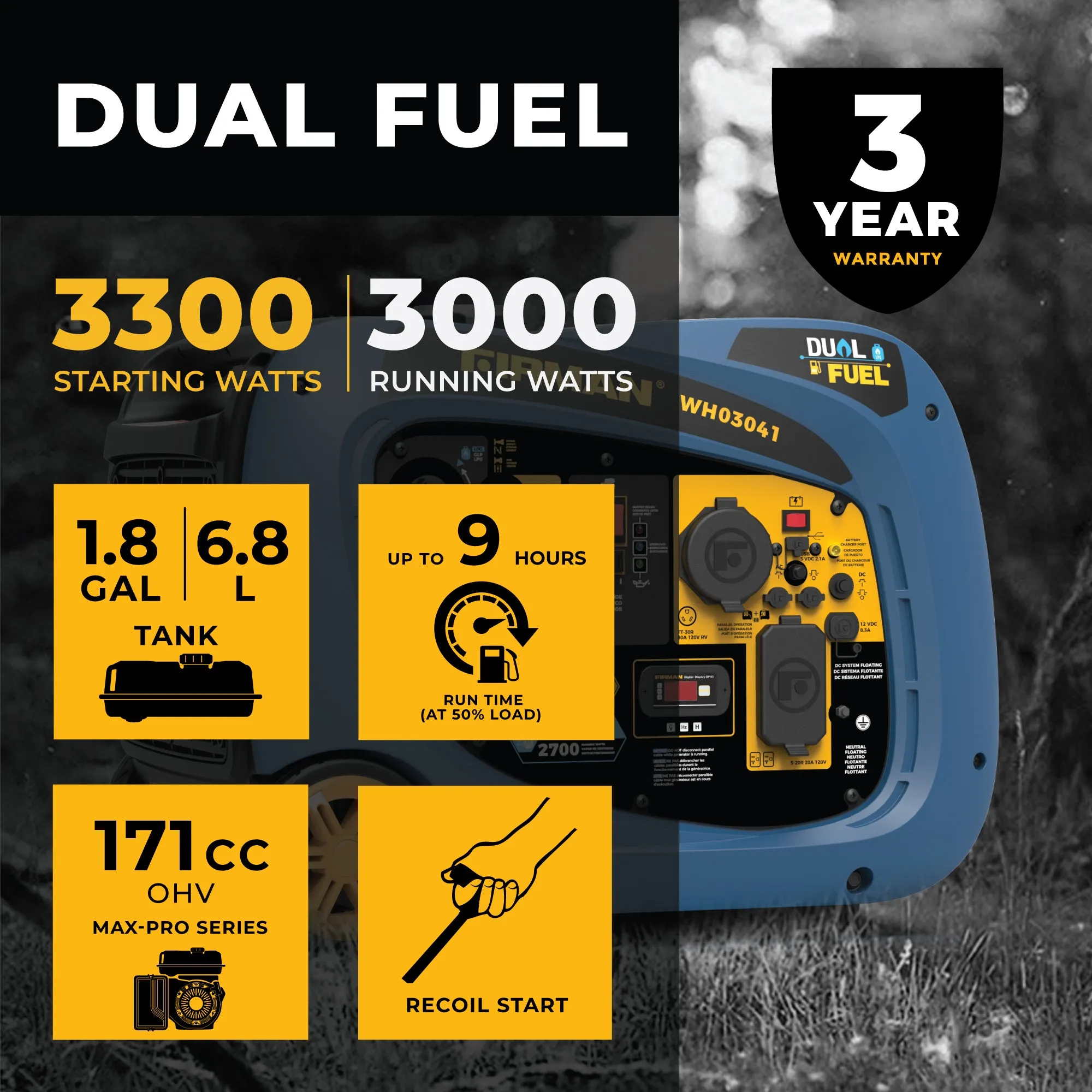 Dual Fuel Inverter Portable Generator 3300W Recoil Start