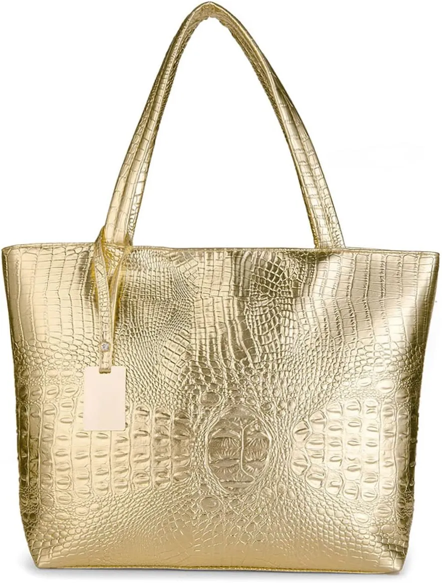 Fashionable White Crocodile Printed Tote Style Handbag