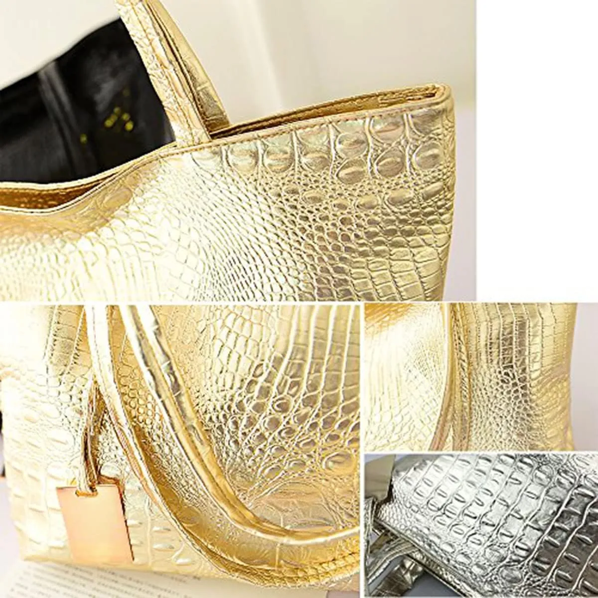 Fashionable White Crocodile Printed Tote Style Handbag