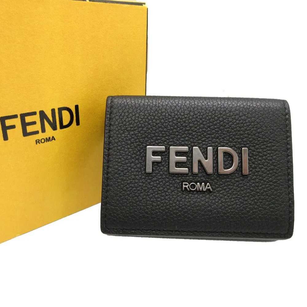 FENDI Tri-fold wallet 7M0280 leather black Compact wallet signature logo mens Used