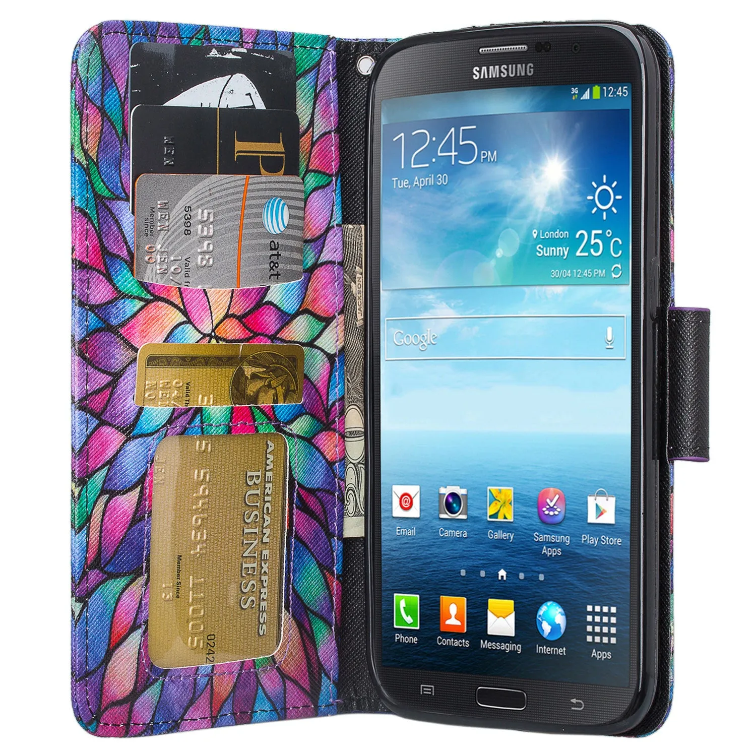 Galaxy Mega 6.3 Case, Wrist Strap Magnetic Fold[Kickstand] Pu Leather Wallet Case with ID & Credit Card Slots for Samsung Galaxy Mega 6.3 - Rainbow Flower