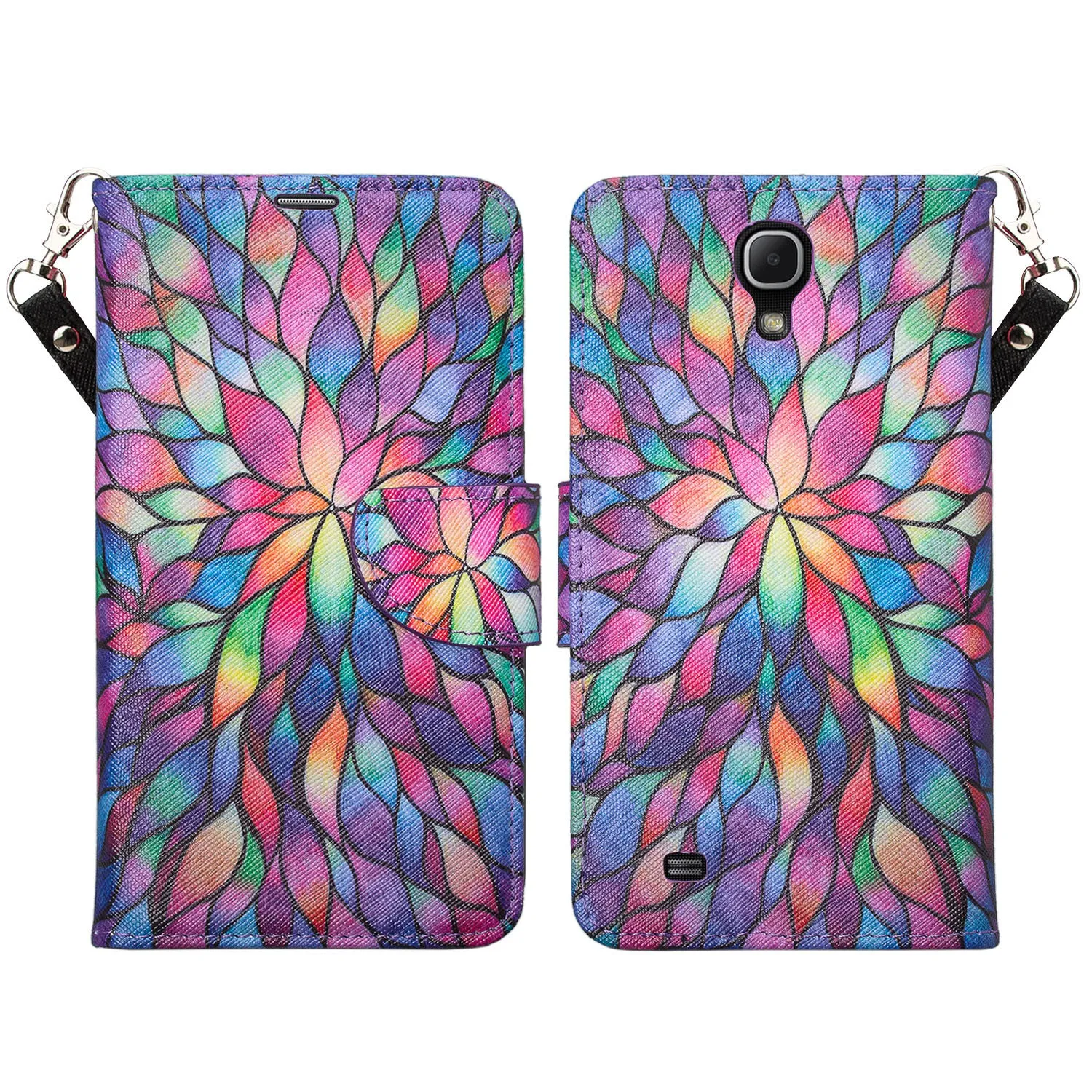 Galaxy Mega 6.3 Case, Wrist Strap Magnetic Fold[Kickstand] Pu Leather Wallet Case with ID & Credit Card Slots for Samsung Galaxy Mega 6.3 - Rainbow Flower