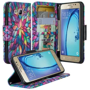 Galaxy On5 Case, Samsung Galaxy On5 Wallet Case, Wrist Strap Flip Folio[Kickstand Feature] Pu Leather Wallet Case with ID & Credit Card Slots For Galaxy On5 - Rainbow Flower