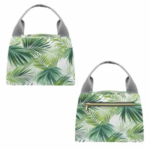 Green Palm Leaves  Portable Lunch Bag-Grey Handle