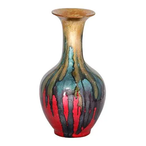 Greer Red Gold Green and Blue Foil and Lacquer Ceramic Vase