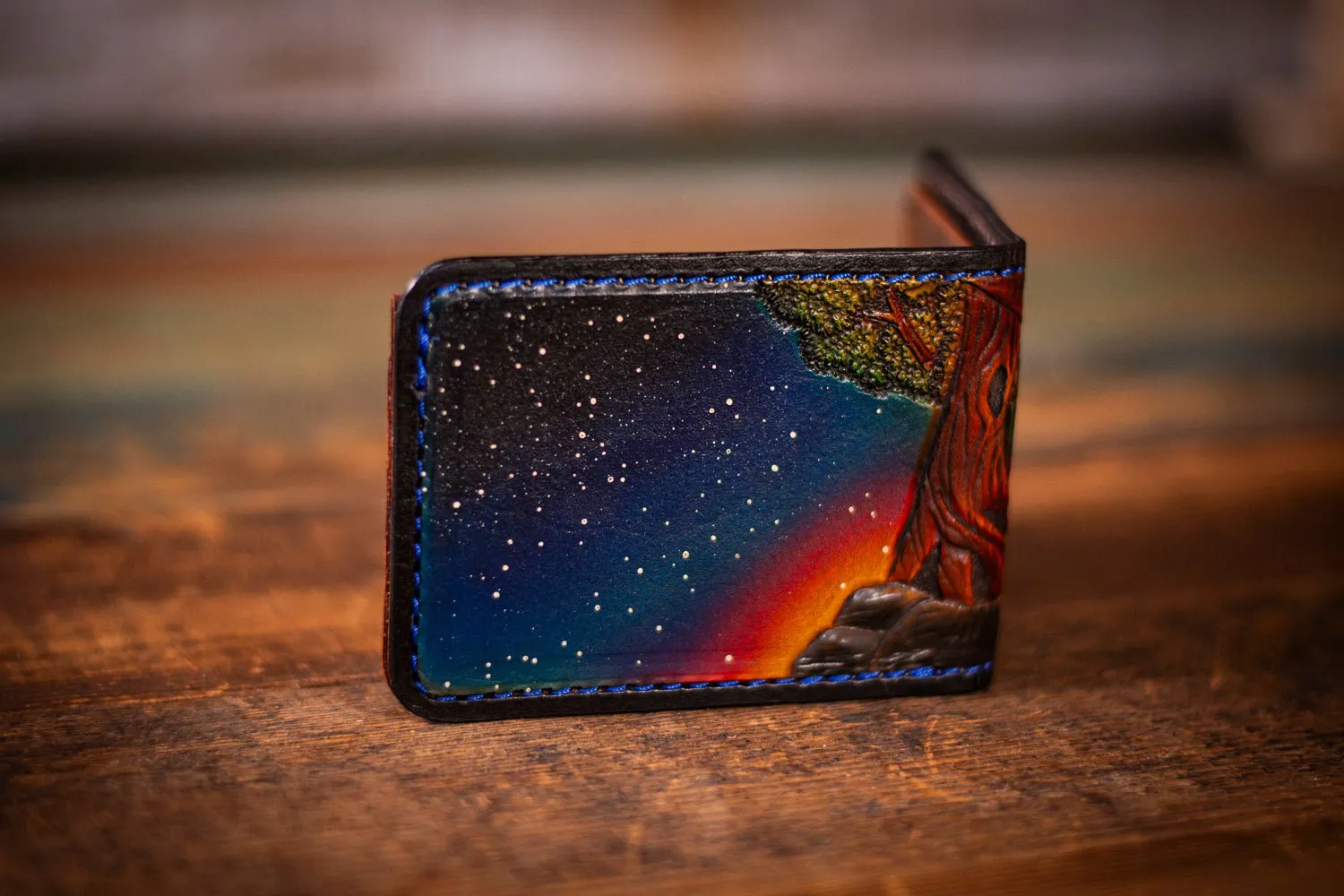 Hand-Tooled Leather Wallet with UFO & Lake Scene - Paranormal Artistry with Starry Night Sky