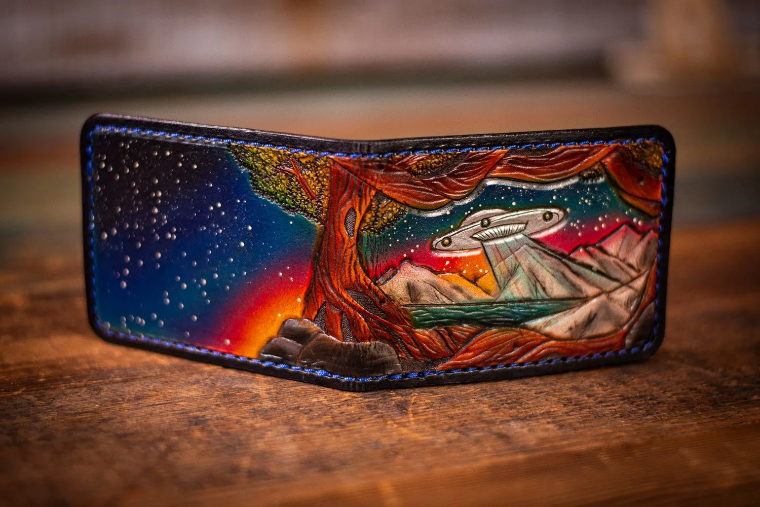 Hand-Tooled Leather Wallet with UFO & Lake Scene - Paranormal Artistry with Starry Night Sky