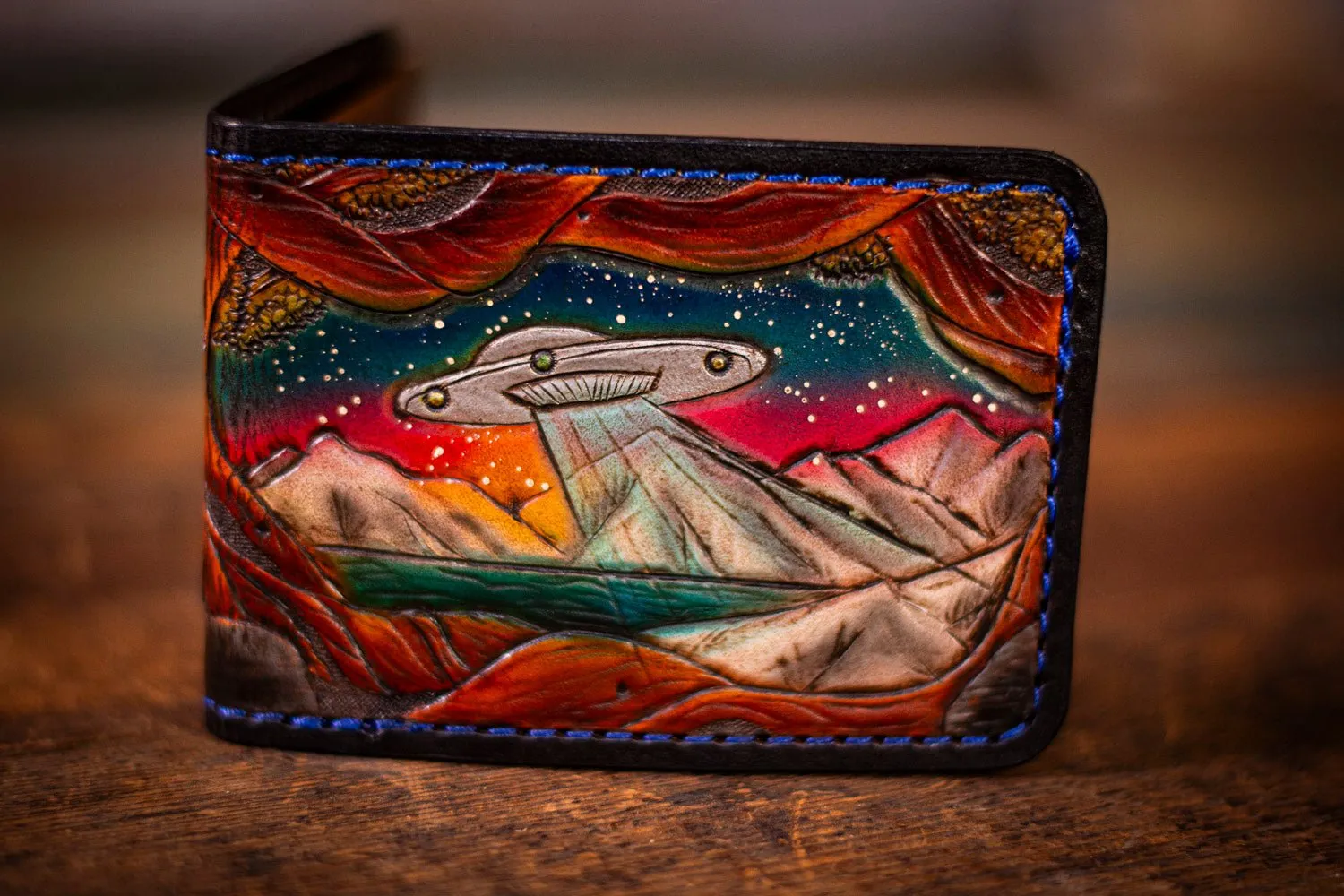 Hand-Tooled Leather Wallet with UFO & Lake Scene - Paranormal Artistry with Starry Night Sky