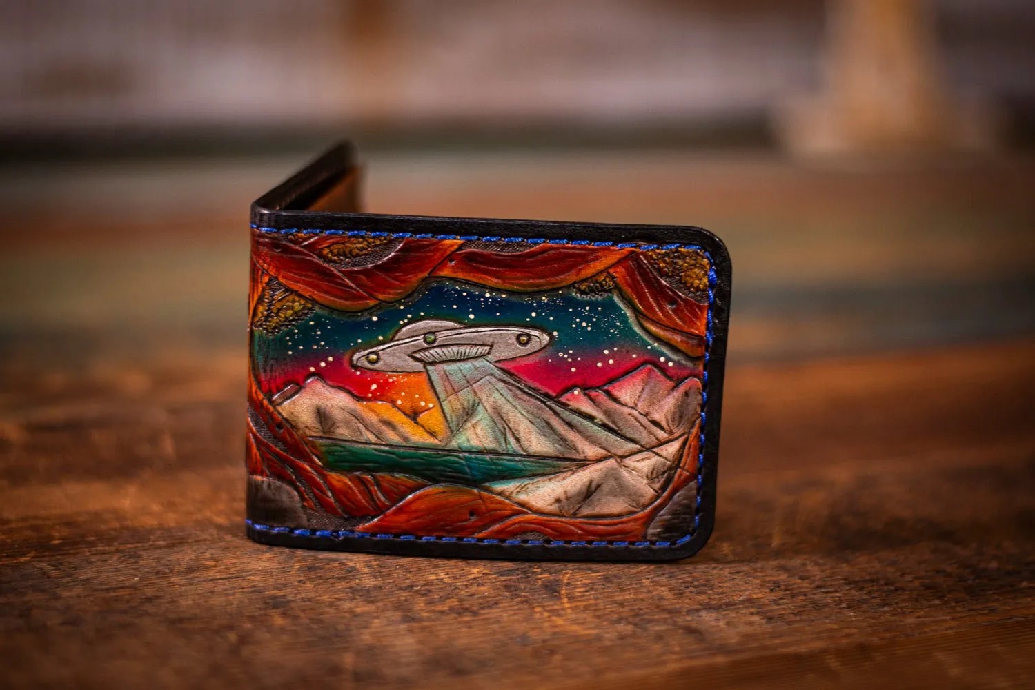 Hand-Tooled Leather Wallet with UFO & Lake Scene - Paranormal Artistry with Starry Night Sky