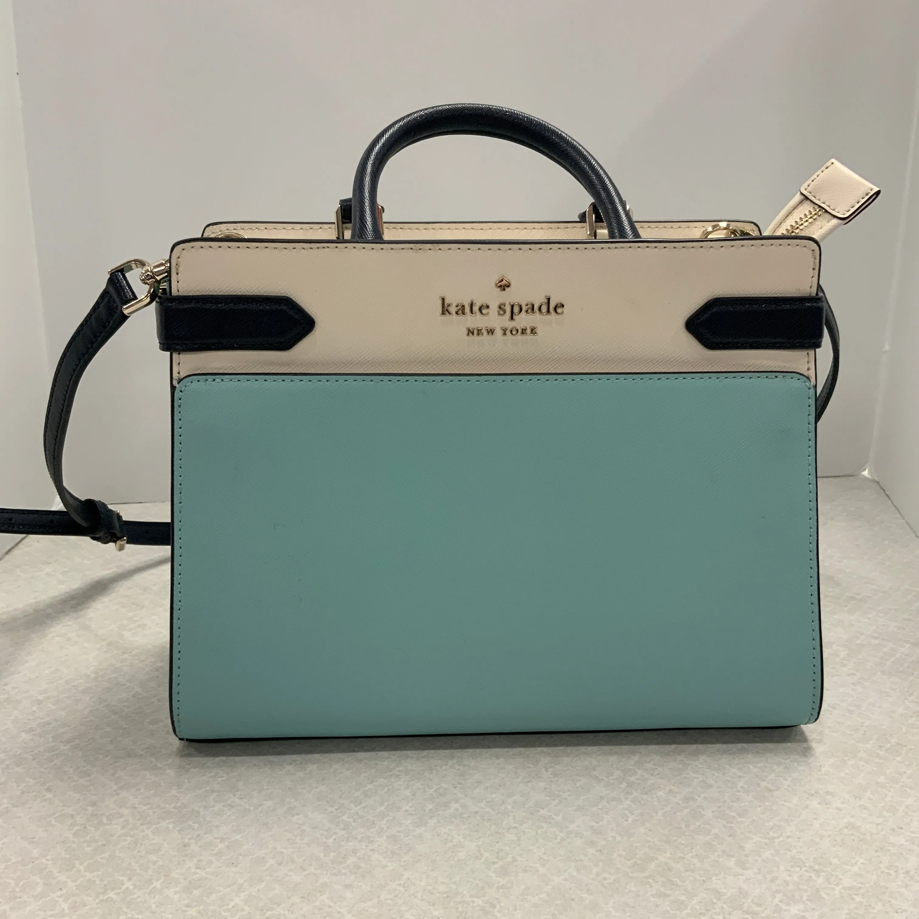 Handbag Designer By Kate Spade In Blue & Cream, Size:Medium