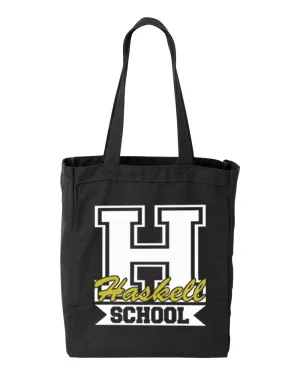 HASKELL School Black 10 Ounce Gusseted Cotton Canvas Tote w/ HASKELL School "H" Logo on Front.