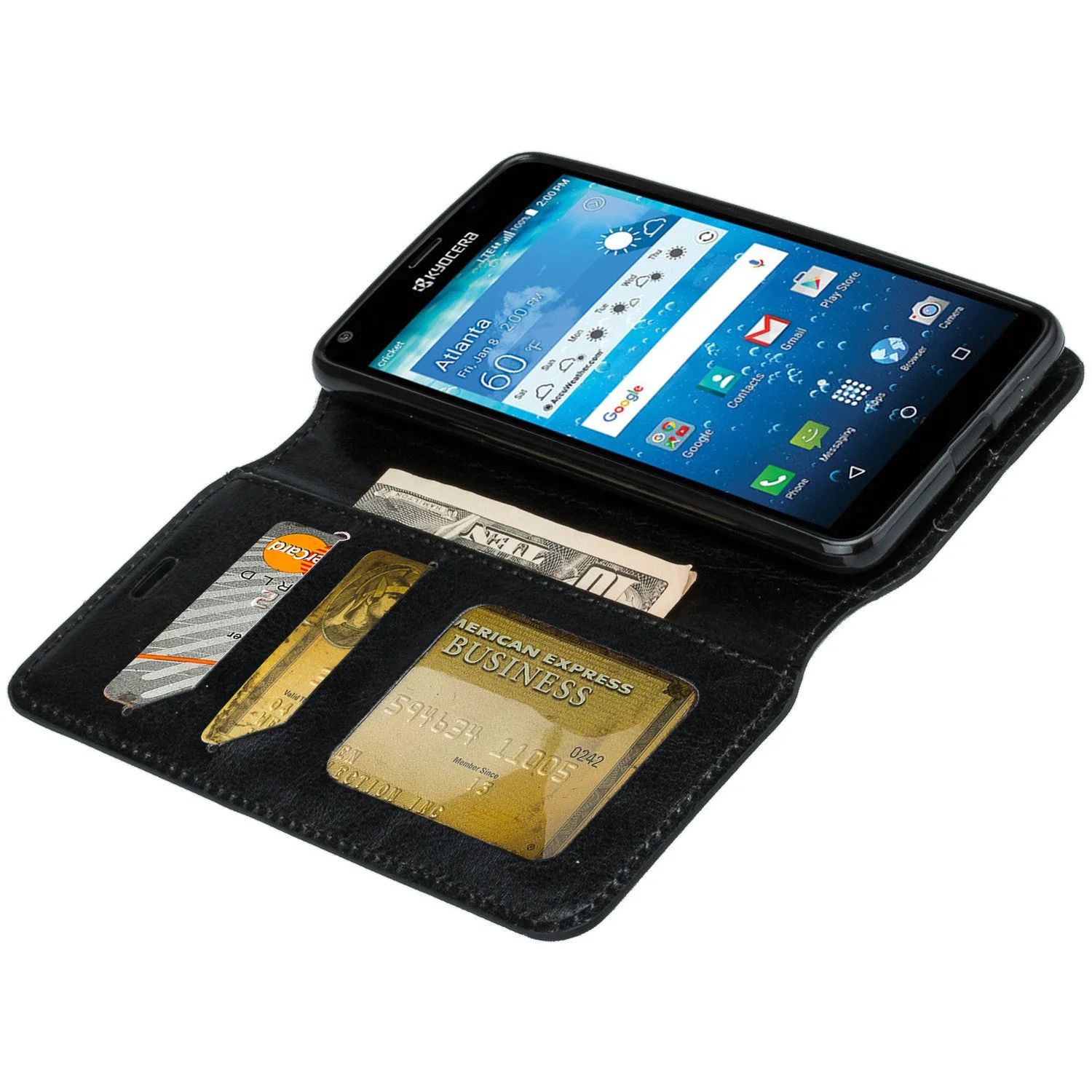 Kyocera Hydro View Wallet Case, Slim Magnetic Flip Fold[Kickstand] Pu Leather Wallet Case with ID & Credit Card Slots & Pocket for Kyocera Hydro View - Black