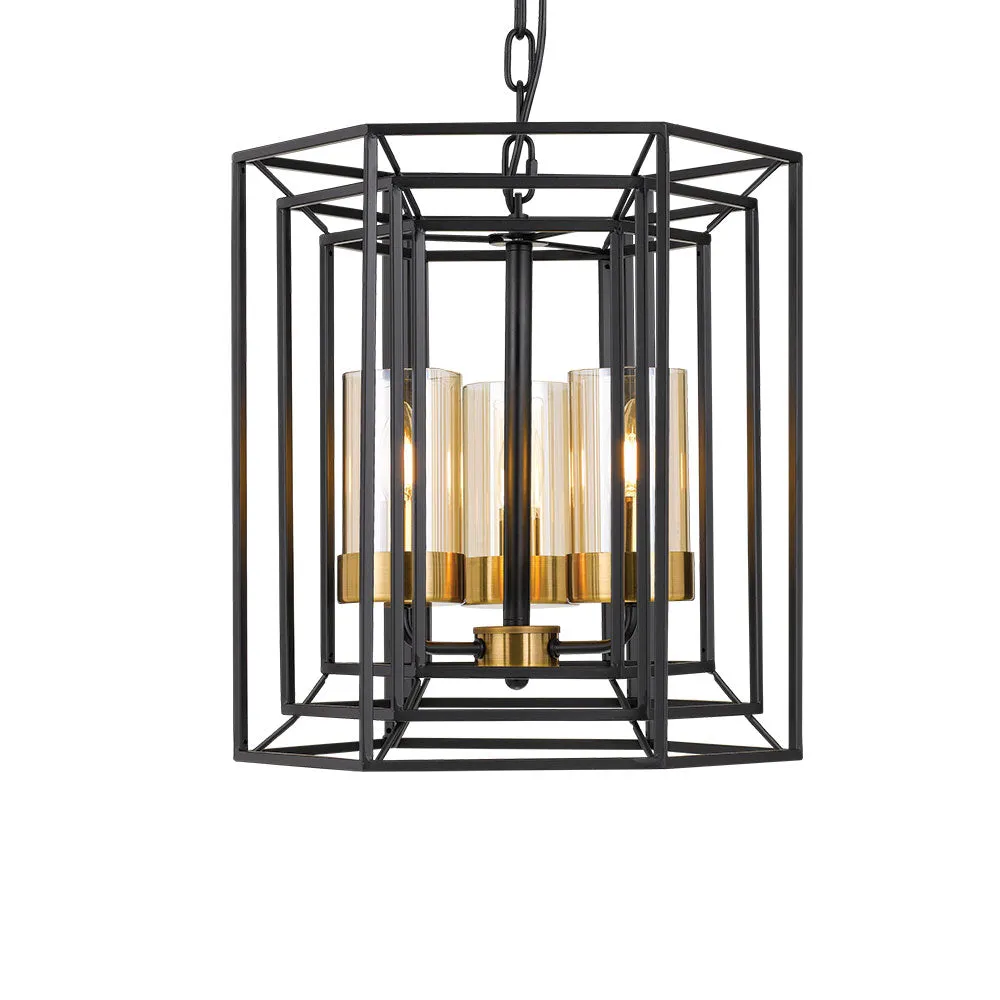 Lane 3 Light Black and Antique Brass Layered Frame Pendant