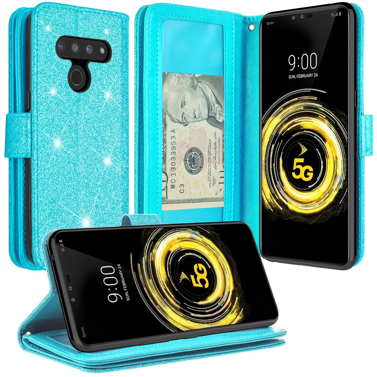 LG V50 ThinQ 5G Case, V50 ThinQ Case, Glitter Faux Leather Flip Credit Card Holder Wrist Strap Shockproof Protective Wallet Case Clutch for LG V50 ThinQ 5G - Teal