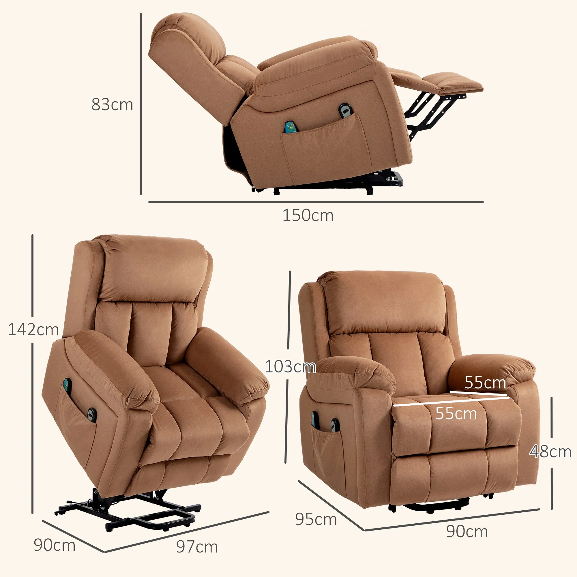 Lift Chair Riser and Recliner Chair with Vibration Massage, Heat, Brown