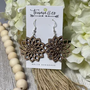 Lightweight|Wood|Earrings|Laser Cut|Intricate Flower|Trumm & Co