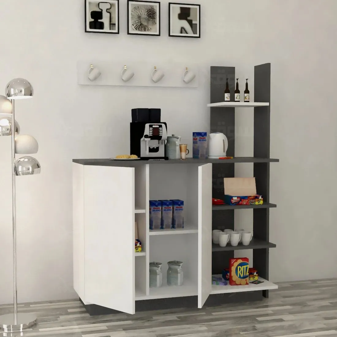 Modern Coffee Corner with Shelves – Stylish & Functional