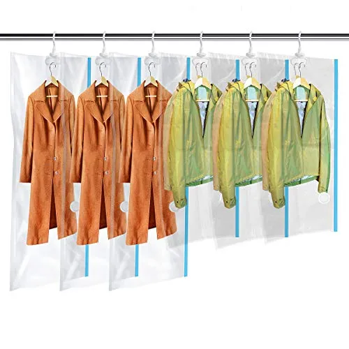 MRS BAG Hanging Vacuum Storage Bags 6 Pack (3Jumbo(57x27.6'')   3Short(41.3x27.6'')) Space Saver Bag Dress Cover with Hook for Coats, Jackets, Clothes & Closet Storage - Hand Pump Included