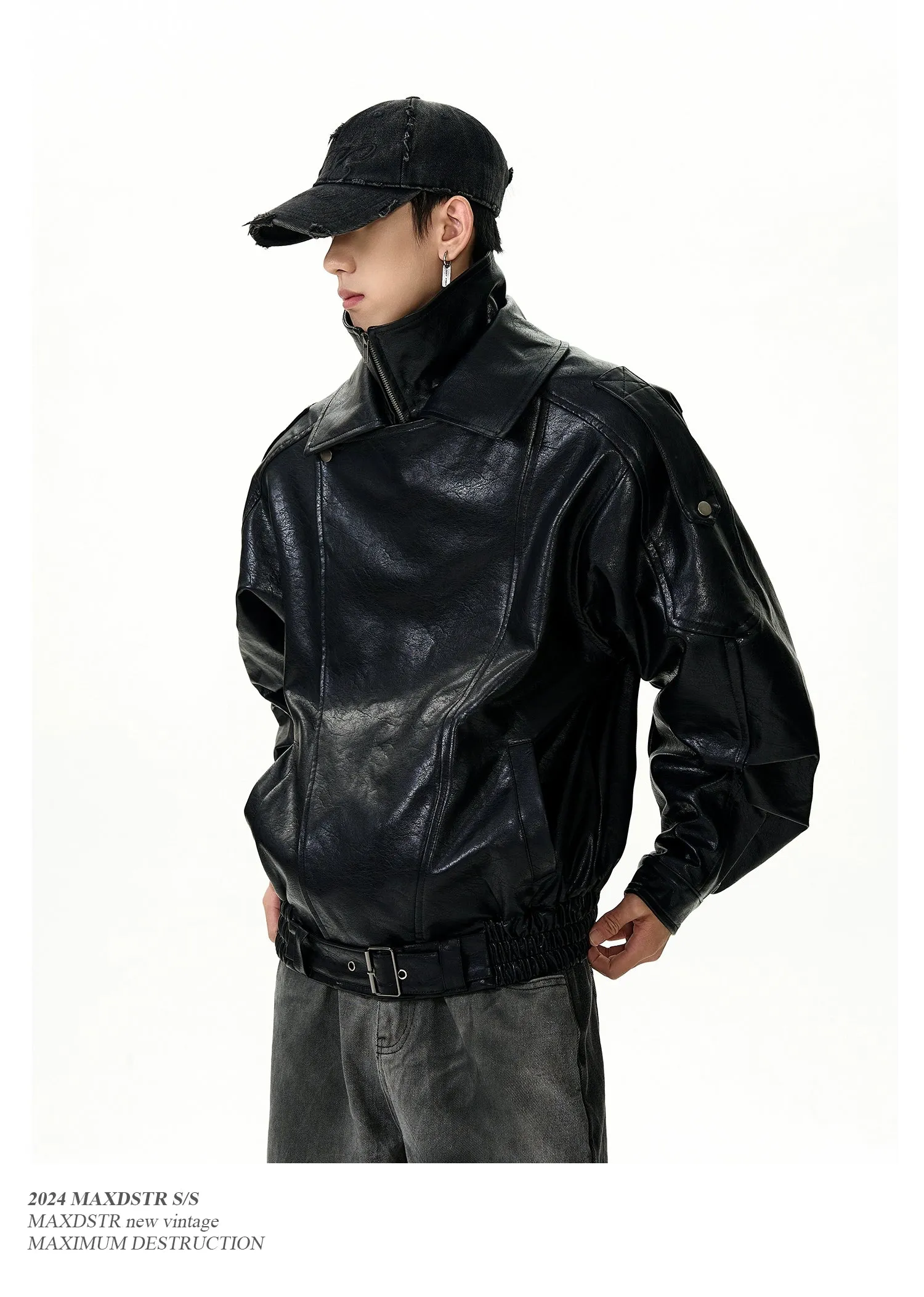 Multi-Functional Buckled PU Leather Jacket