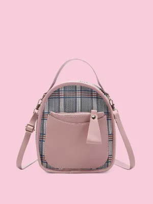 Plaid Pattern Pocket Front Backpack