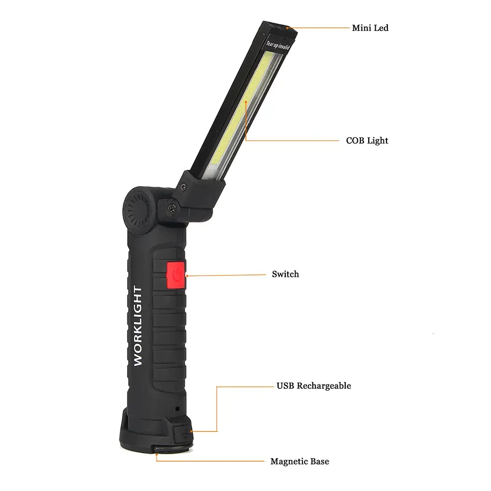 Portable LED Flashlight Built In Battery Multi Function 360° Folding Work LightMagnetic Lanterna Hanging Camping Working Torch