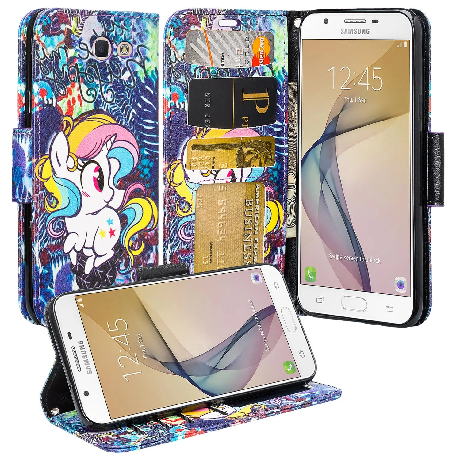 Samsung Galaxy J7 (2017) / J7 Sky Pro / J7 Perx / J7 V / J7 Prime / Galaxy Halo Case, Wrist Strap Pu Leather Magnetic Flip[Kickstand] Wallet Cover w/ Card Slots - Rainbow Unicorn