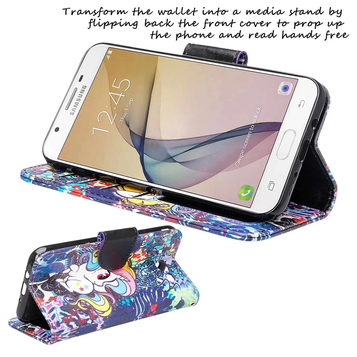 Samsung Galaxy J7 (2017) / J7 Sky Pro / J7 Perx / J7 V / J7 Prime / Galaxy Halo Case, Wrist Strap Pu Leather Magnetic Flip[Kickstand] Wallet Cover w/ Card Slots - Rainbow Unicorn