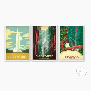 Set Of 3 National Parks Posters PRINTABLE WALL ART, American National Park Prints, Yosemite Sequoia Yellowstone Poster, Vintage Wall Art