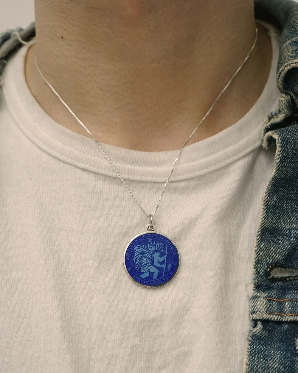 Silver Necklace w/ St. Christopher Enameled Charm