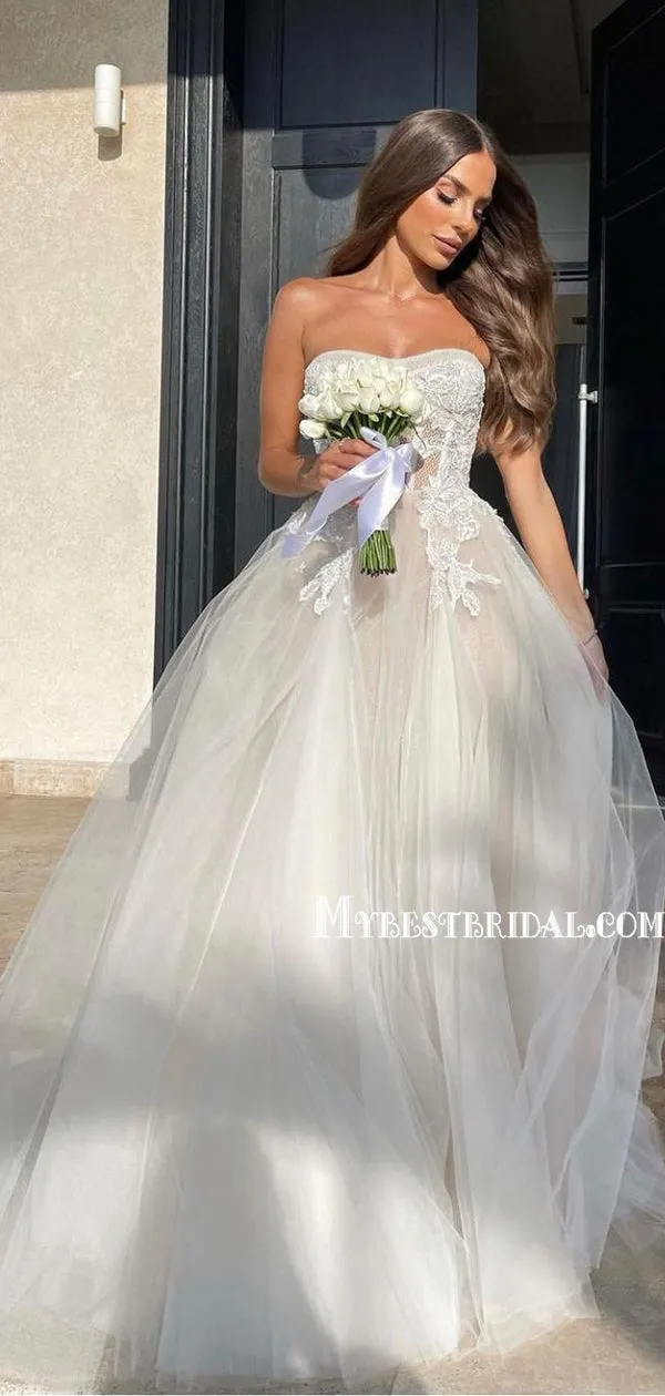 Simple Straight A-line Tulle Long Lovely Wedding Dresses,WDS0123