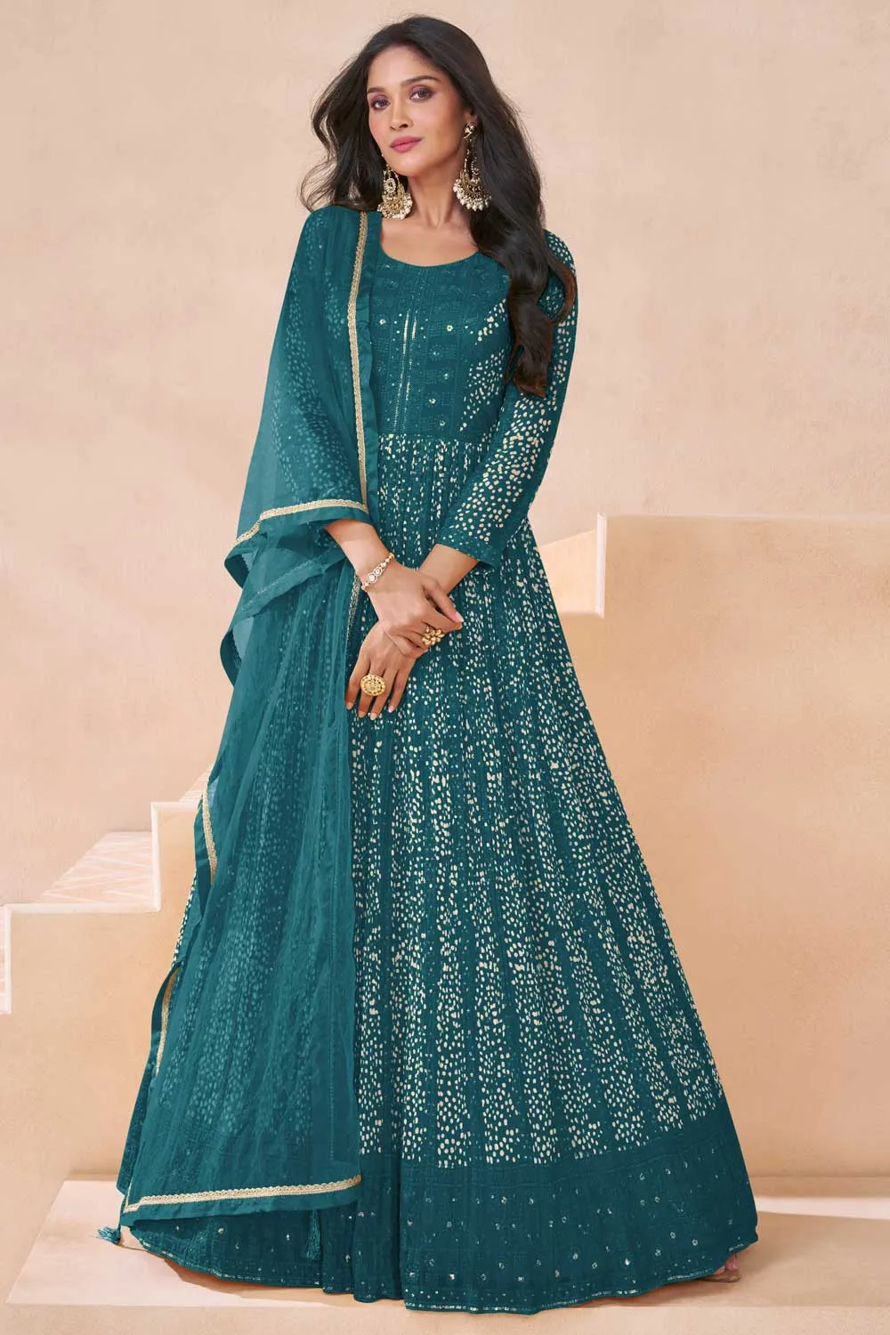 Sushrii Mishraa Gorgeous Anarkali Suit For Function In Teal Color