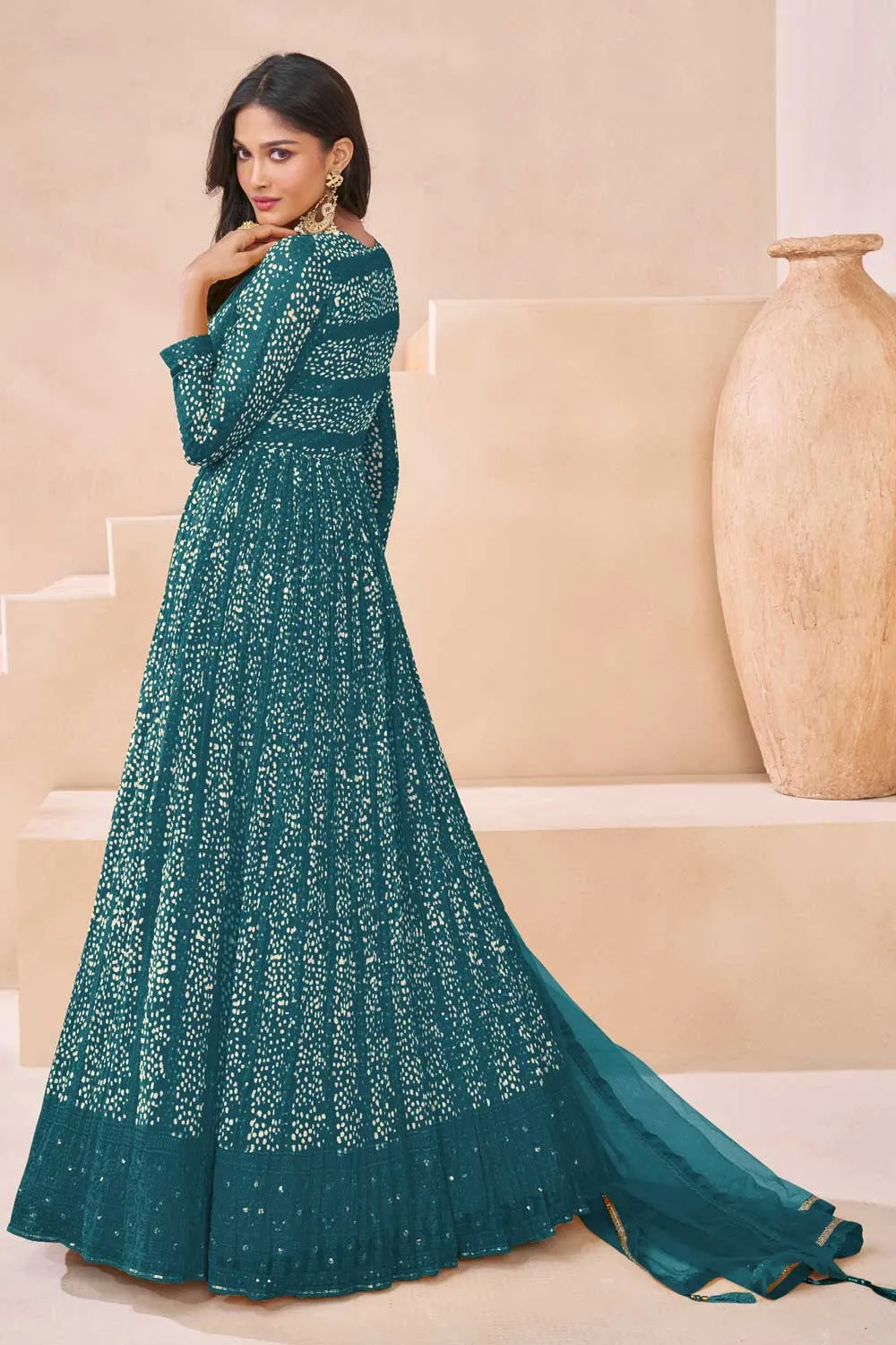 Sushrii Mishraa Gorgeous Anarkali Suit For Function In Teal Color