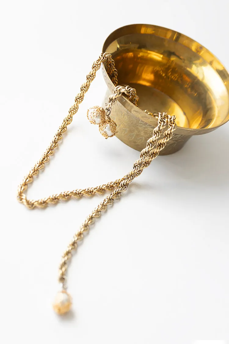 Twisted Brass Chain Wrap Necklace with Pearls