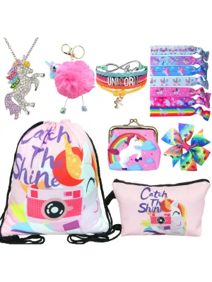 Unicorn Gifts for Girls - Unicorn Drawstring Backpack/Makeup Bag/Bracelet/Necklace/Hair Ties/Keychain/Sticker (Catch the Shine 2)