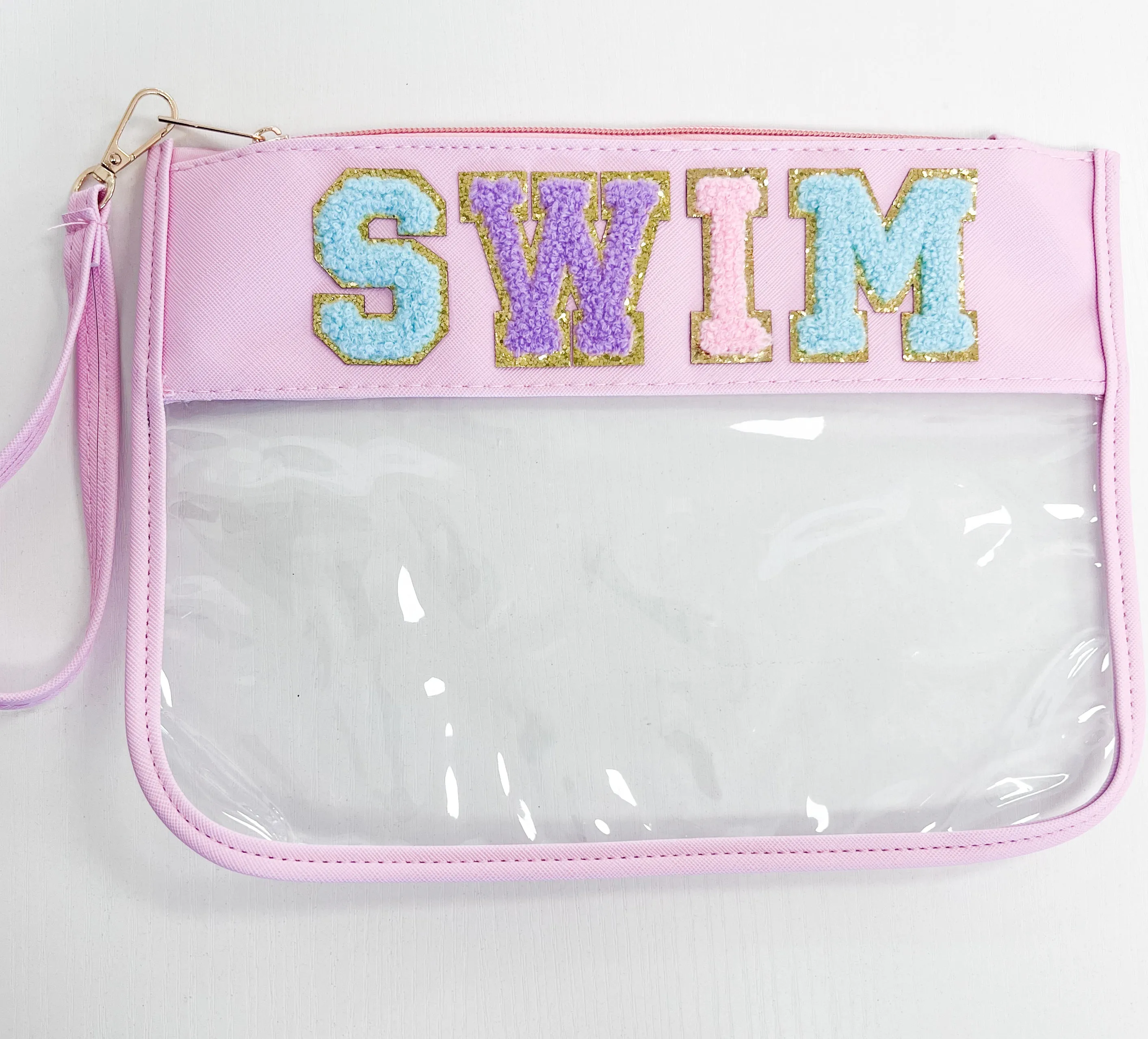 Varsity Letter Clear Plastic Zipper Pouch - SWIM