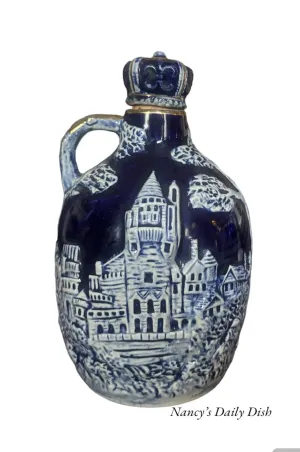 Vintage Blue Liquor Decanter w/ European Castle Temple Relief